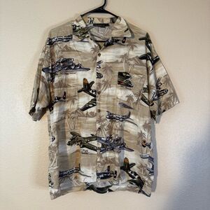 Men's Monzini Airplane Print Shirt Beige large